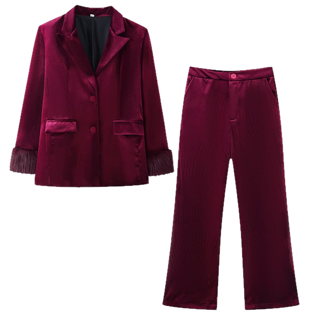Women Tailored Velvet Blazer with Faux Fur Cuffs and Flap Pockets Mune Fashion