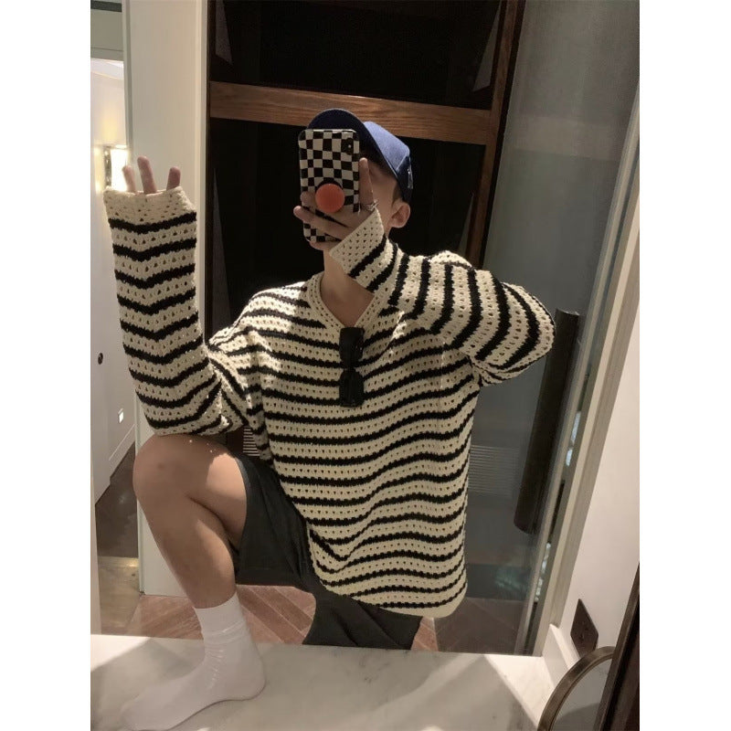 Unisex Thick Knitted Oversized Ajour Sweater with Striped Pattern and V-Neck Mune Fashion