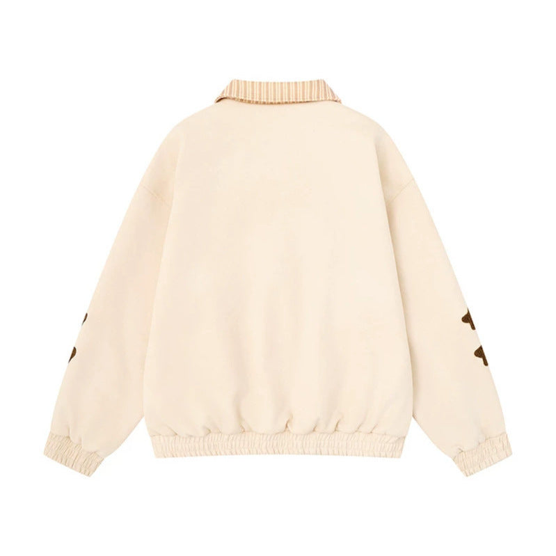Women's zip sweat jacket with striped collar, front pockets and cute embroidery Mune Fashion