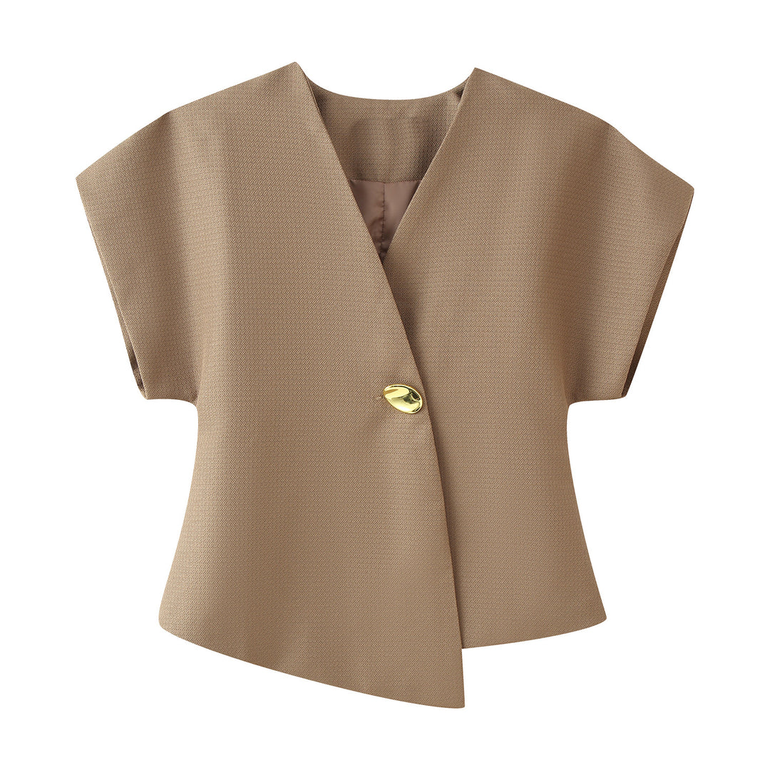 Women's short blazer without sleeves with tailored peplum and deep V-neck Mune Fashion