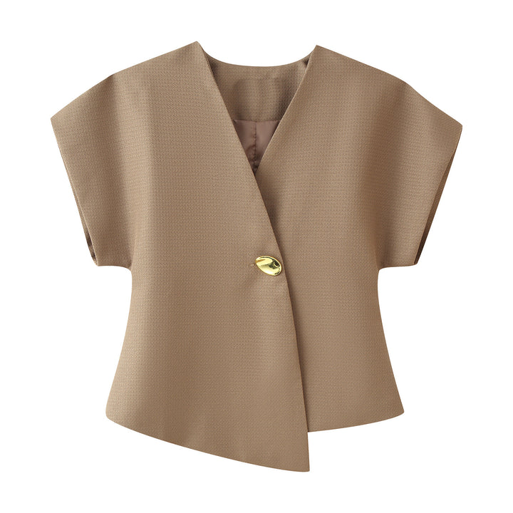 Women's short blazer without sleeves with tailored peplum and deep V-neck Mune Fashion