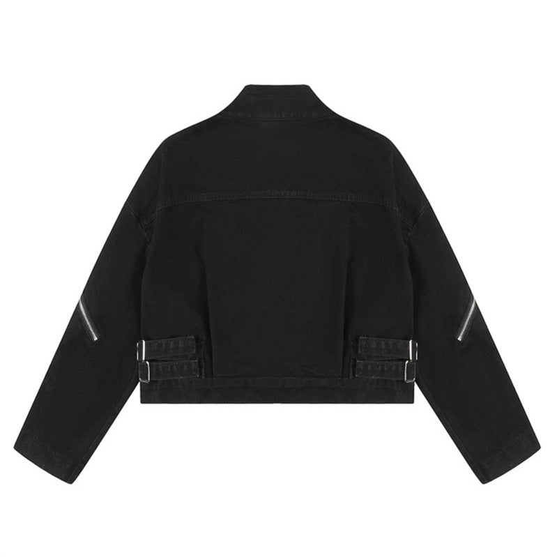Women's Cropped Utility Jacket with Stand Collar, Multiple Pockets and Zip Sleeves Mune Fashion
