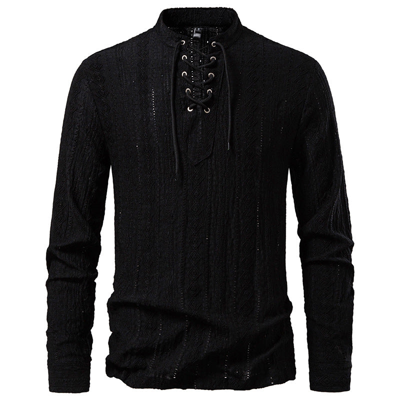 Men's Fine Structure Henley Long Sleeve Shirt with Lacing and Stand-up Collar Mune Fashion