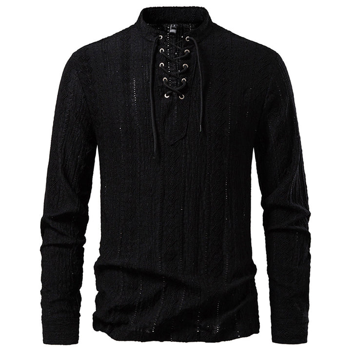 Men's Fine Structure Henley Long Sleeve Shirt with Lacing and Stand-up Collar Mune Fashion