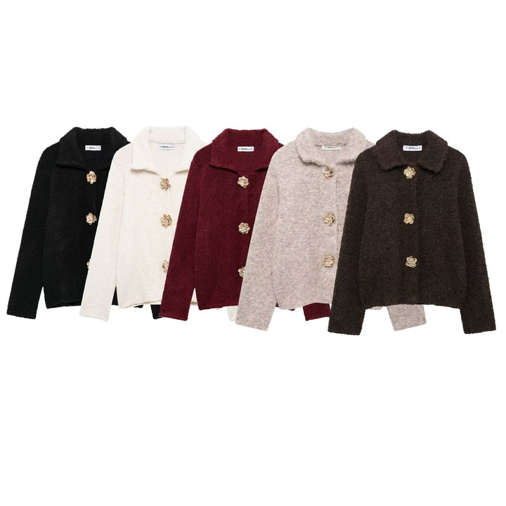Women's short bouclé jacket with decorative flower buttons and round shawl collar Mune Fashion