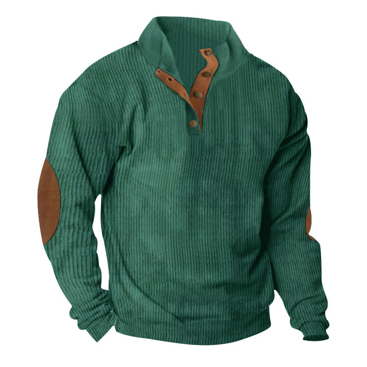 Men's Waffle Knit Henley Sweater with Stand-Up Collar and Elbow Patches Mune Fashion