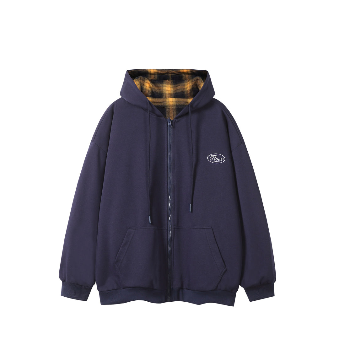 Unisex Oversize Hoodie Zipper Jacket with Checkered Hood Lining and Kangaroo Pockets Mune Fashion