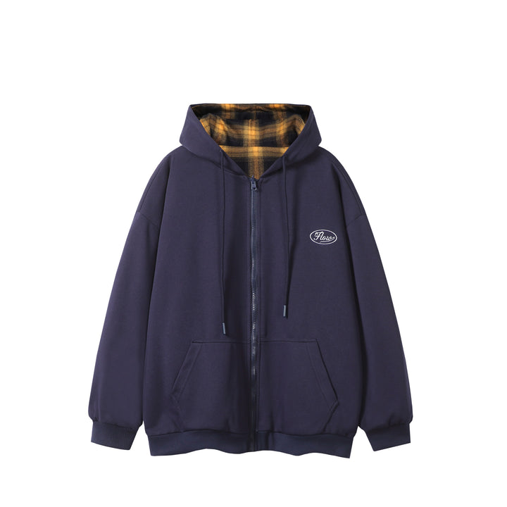Unisex Oversize Hoodie Zipper Jacket with Checkered Hood Lining and Kangaroo Pockets Mune Fashion