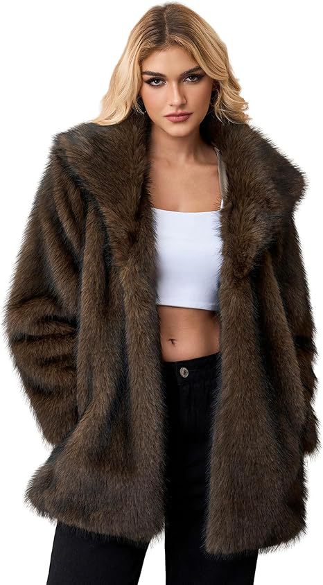 Women Short Faux-Fur Coat with Wide Shawl Collar, Open Front and Pockets Mune Fashion