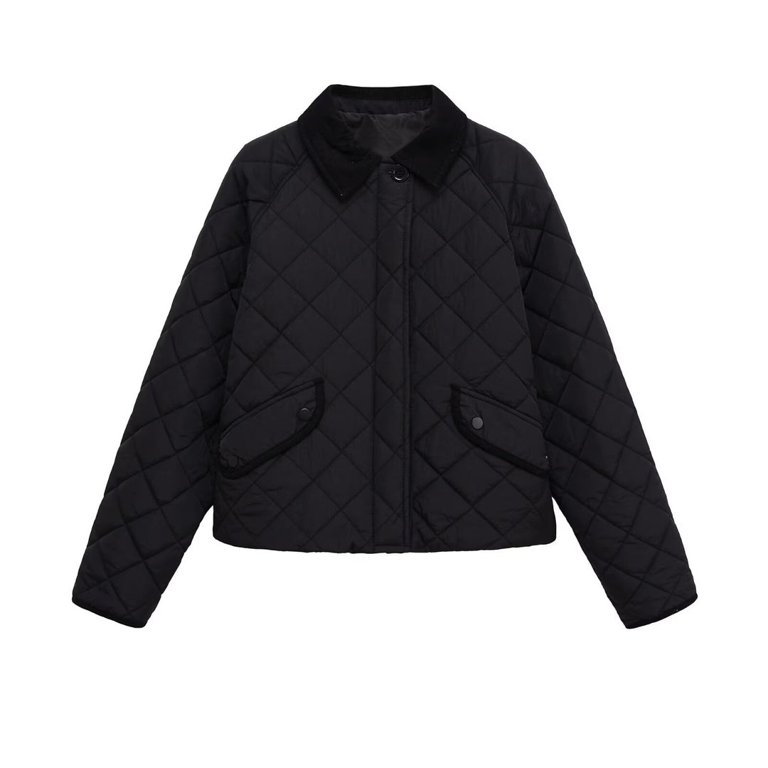 Women Quilted Boxy Transitional Jacket with Cord Collar and Flap Pockets Mune Fashion