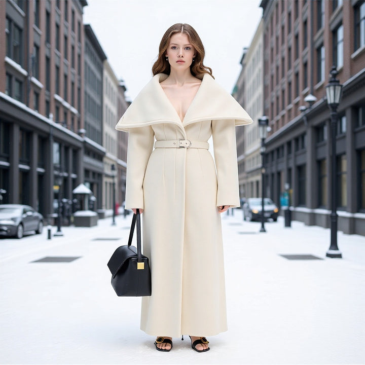 Women's Maximal Long Tailored Wool Blend Coat with Oversized Shawl Collar and Belt Mune Fashion