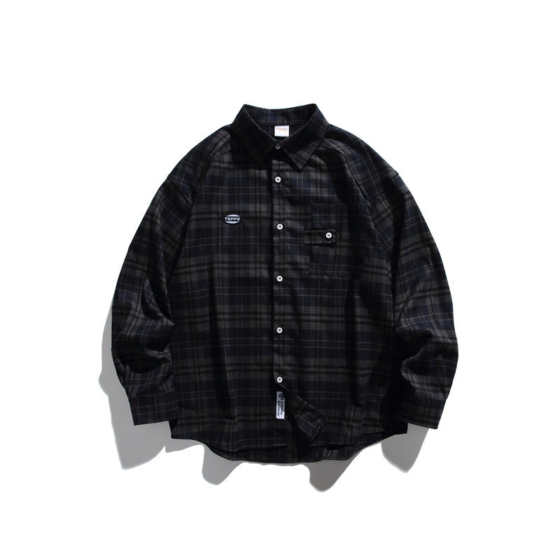 Unisex Loose Check Flannel Shirt in Wide Cut with Raglan Sleeves and Breast Flap Pocket Mune Fashion