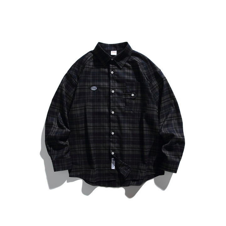 Unisex Loose Check Flannel Shirt in Wide Cut with Raglan Sleeves and Breast Flap Pocket Mune Fashion