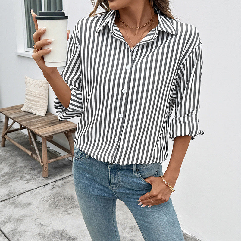 Women Casual Striped Blouse with Button Details Mune Fashion