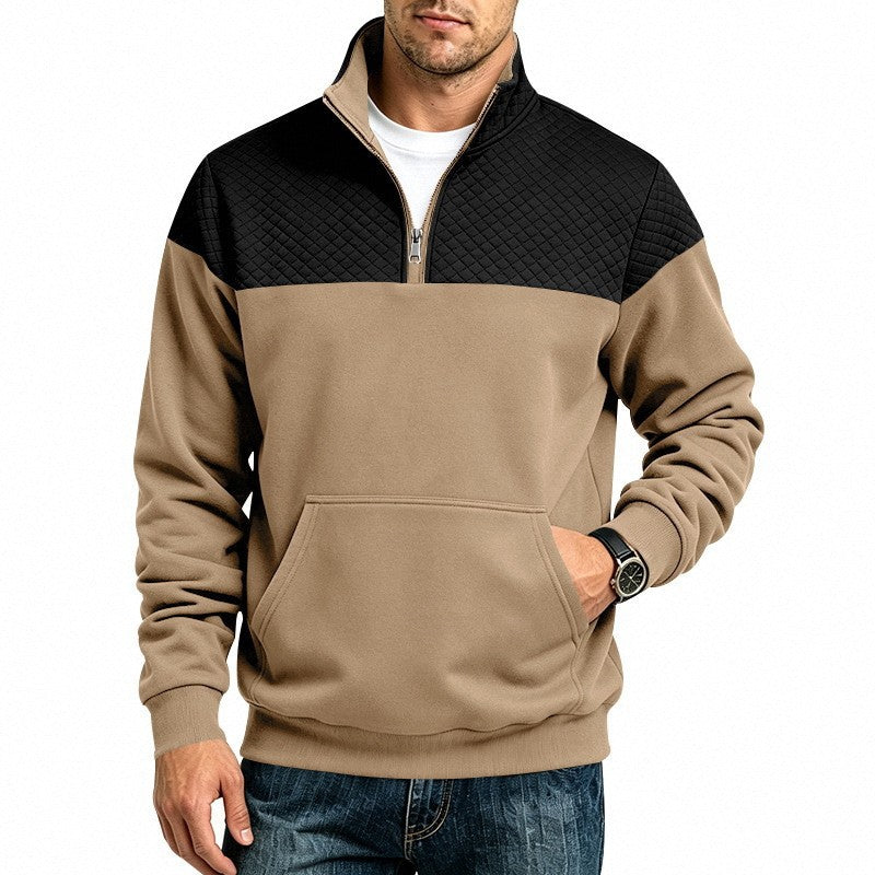 Men's Stand Collar Sweatshirt with Half Zip, Quilted Shoulder Yoke and Kangaroo Pocket Mune Fashion