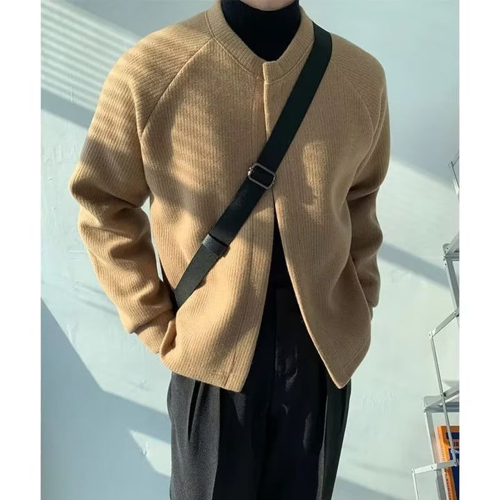 Men's Collarless Boxy Ribbed Knit Cardigan with Concealed Snap Placket Mune Fashion