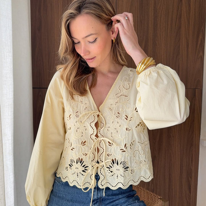 Women's Light Embroidery Anglaise Lace Blouse with V-Neck, Ties and Balloon Sleeves Mune Fashion