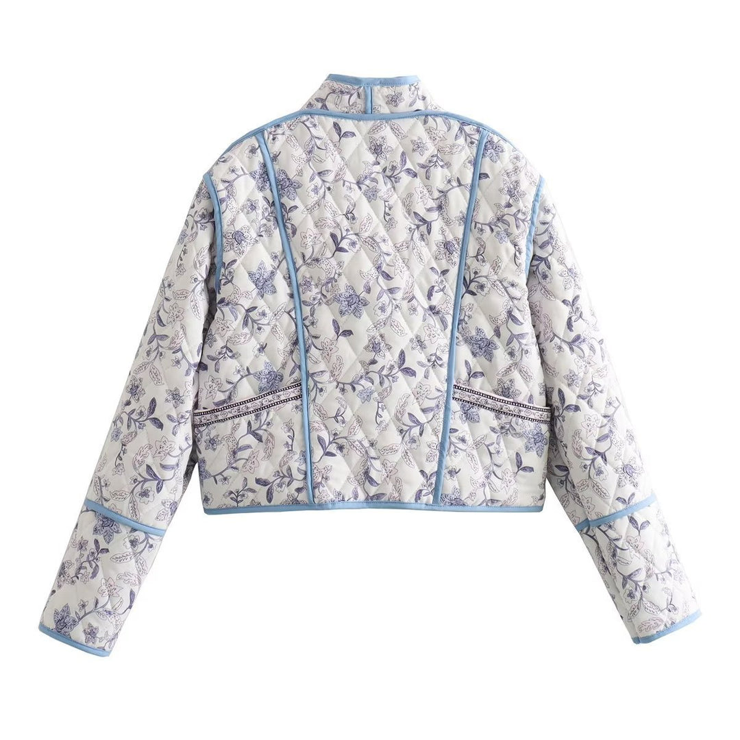 Women Quilted Cropped Puffer Jacket with Floral All-Over Pattern and Contrasting Piping Mune Fashion