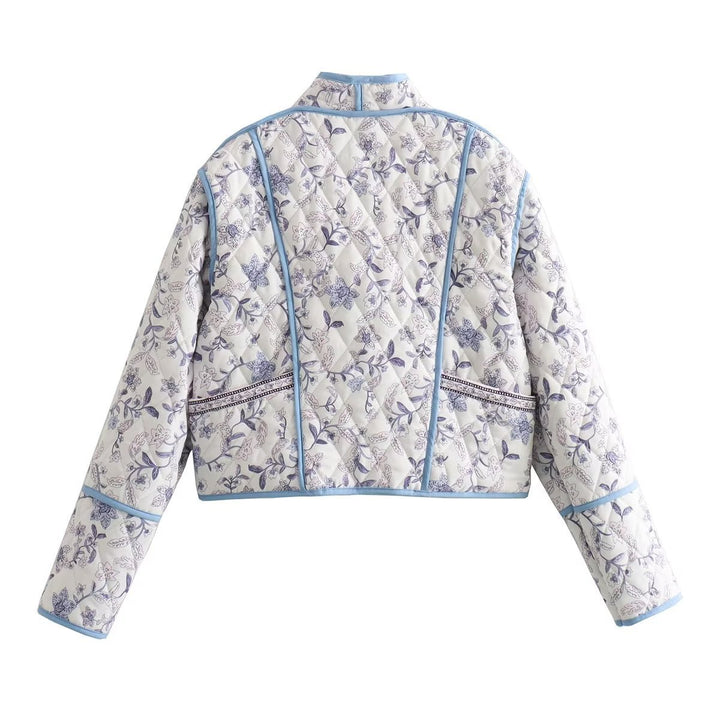 Women Quilted Cropped Puffer Jacket with Floral All-Over Pattern and Contrasting Piping Mune Fashion