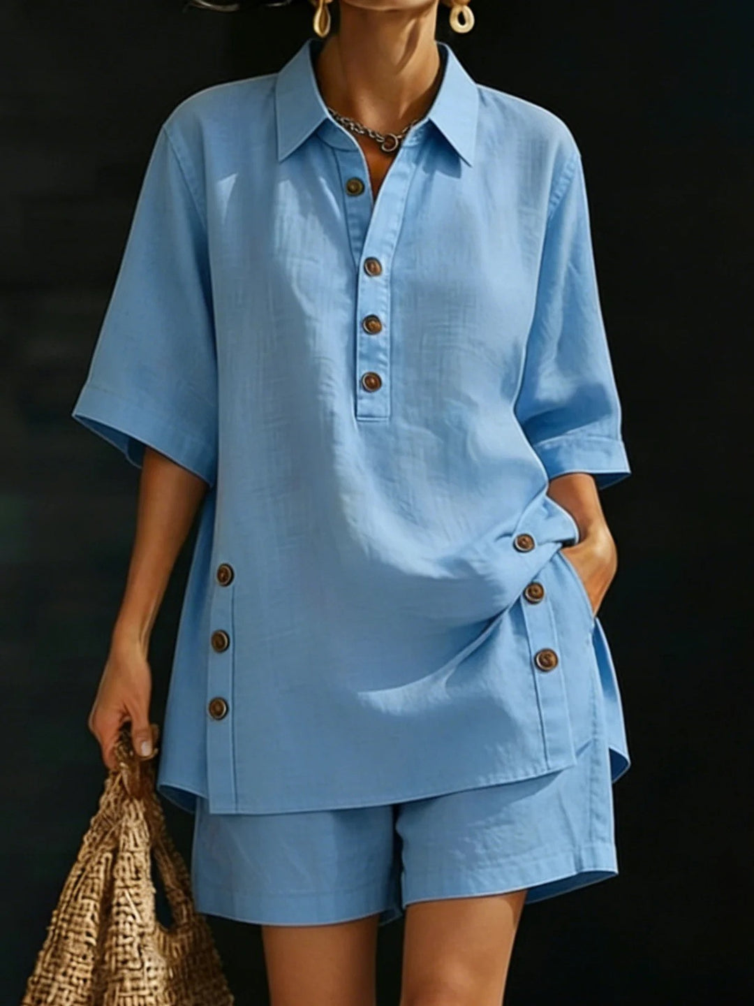 Women's airy linen-look two-piece set with oversized shirt blouse, button placket, and Bermuda shorts Mune Fashion