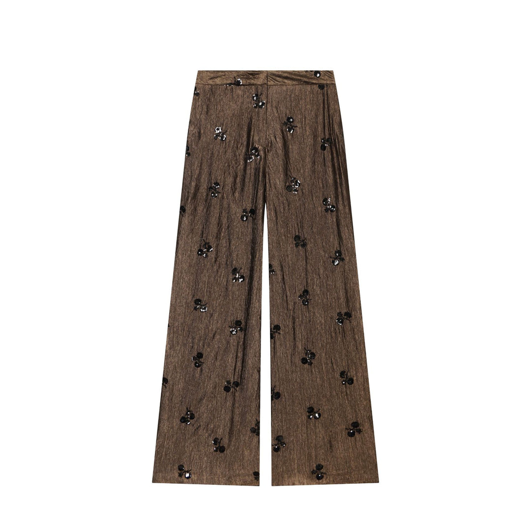 Ladies Wide High-Waist Pants with Crinkle Effect and Sequin Flowers Mune Fashion