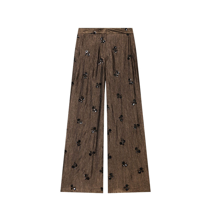 Ladies Wide High-Waist Pants with Crinkle Effect and Sequin Flowers Mune Fashion