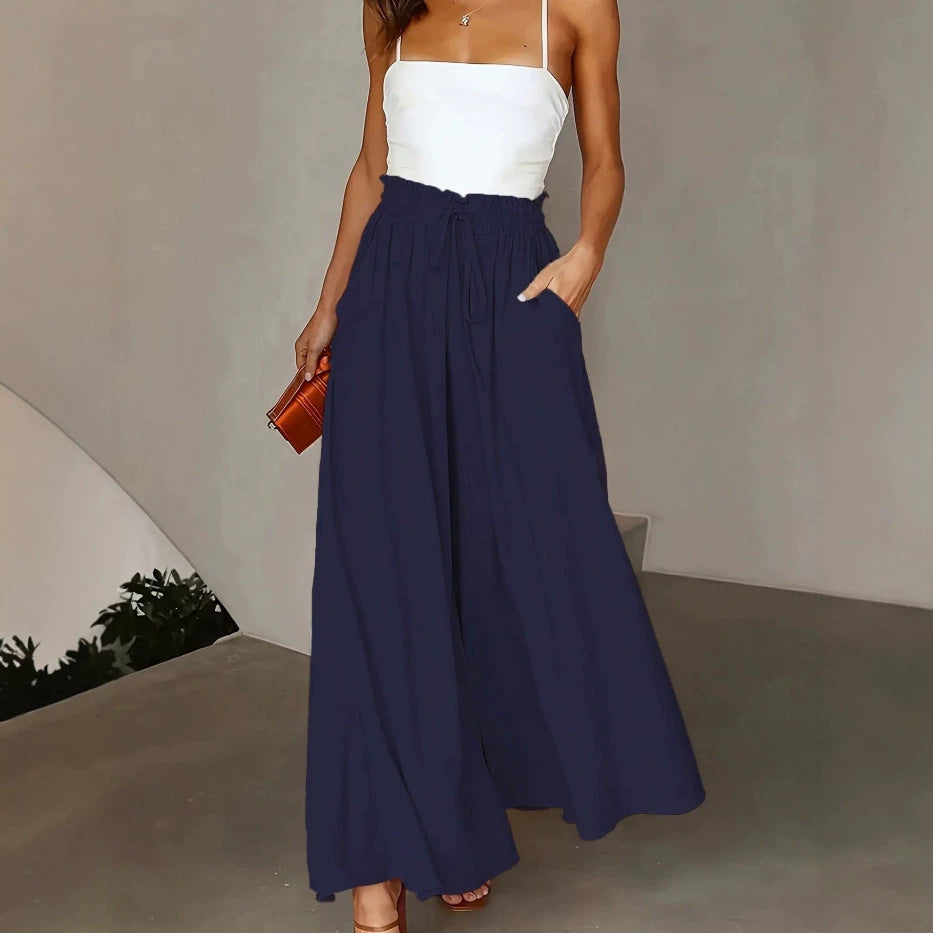 Women's Wide Maxipalazzo Pants with Paperbag Waist, Drawstring and Side Pockets Drune