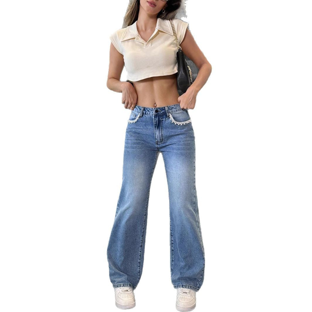 Ladies high-waisted wide jeans pants with straight leg and lace trim Mune Fashion