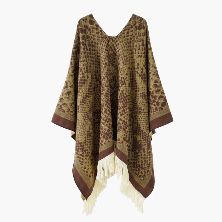 Women's Jacquard Poncho with V-Neck, Animal Print and Fringed Hem Mune Fashion