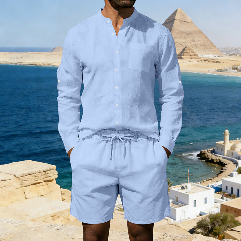 Men's casual linen set with stand collar shirt and drawstring shorts Mune Fashion