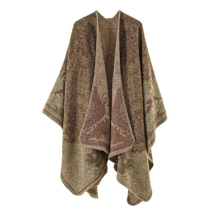 Women's Jacquard Ruana with floral border and open oversized cut Mune Fashion