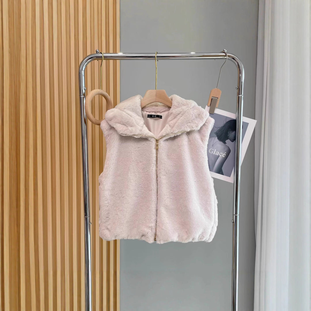 Women’s sleeveless teddy vest with hood and zipper Mune Fashion