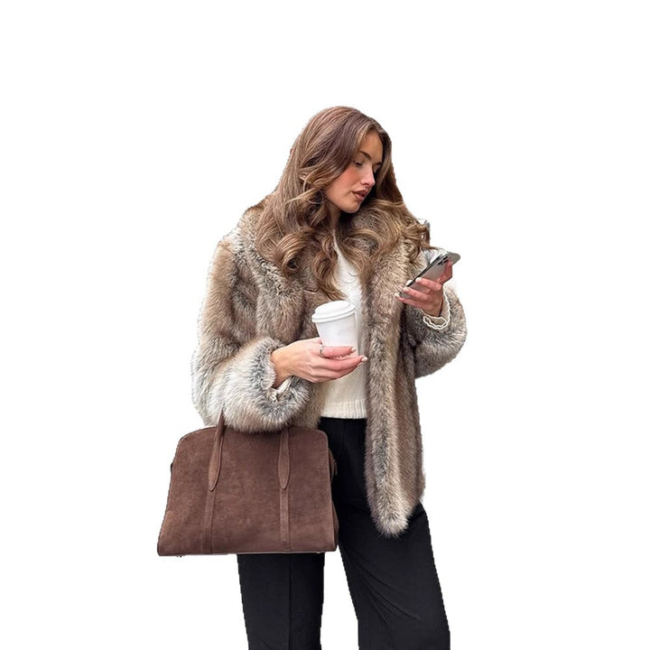 Women Boxy Faux Fur Coat with Luxurious Shawl Collar and Warm Padding Mune Fashion