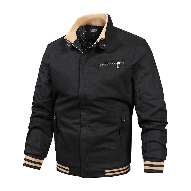 Men's modern canvas bomber jacket in varsity style with striped ribbed cuffs and concealed front placket.