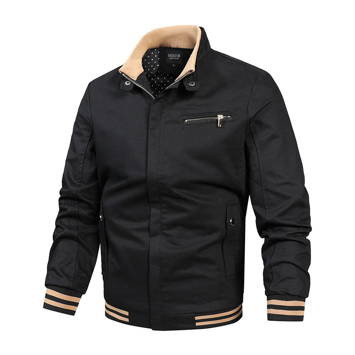 Men's modern canvas bomber jacket in varsity style with striped ribbed cuffs and concealed front placket.