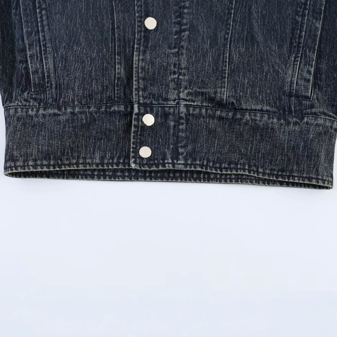 Ladies oversized denim jacket with large shawl collar and used effect Mune Fashion