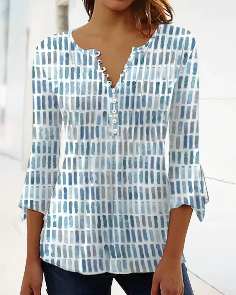 Women nan airy light watercolor print blouse shirt with Henley button placket and three-quarter bell sleeves Mune Fashion