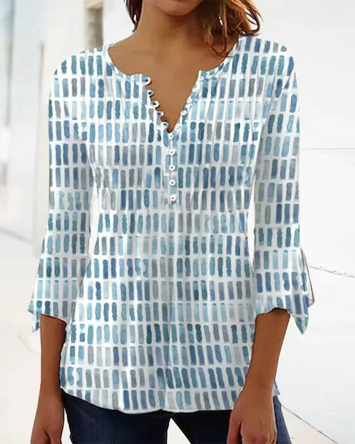 Women nan airy light watercolor print blouse shirt with Henley button placket and three-quarter bell sleeves Mune Fashion