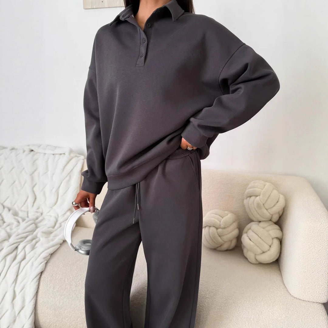 Women's wide Polo lounge set with elastic drawstring waistband and wide-leg jogging pants Mune Fashion