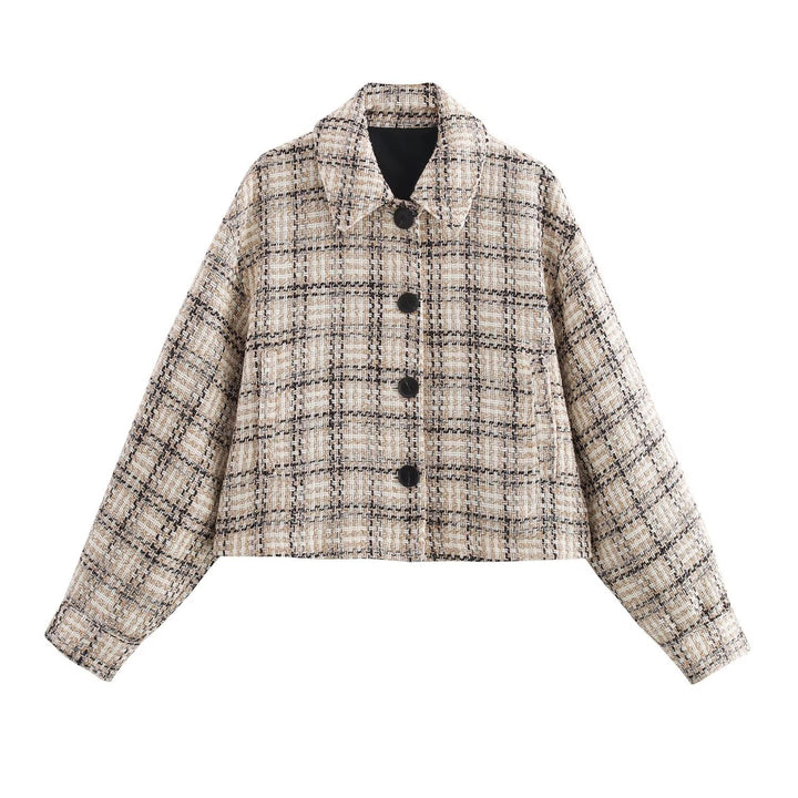 Women's short jacket made of boucle tweed with check pattern and boxy cut Mune Fashion