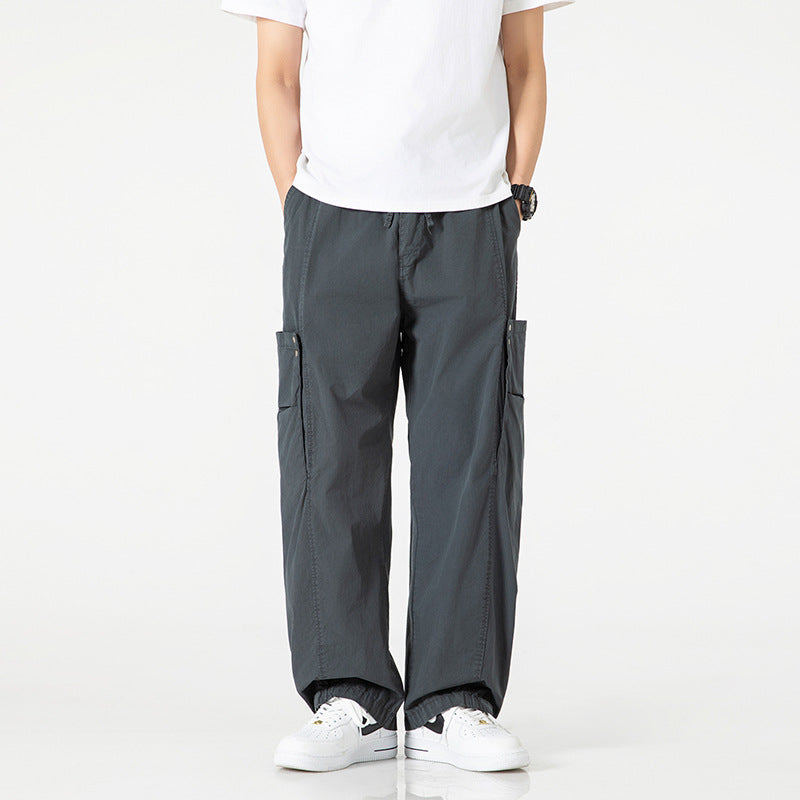 Men's Wide Nylon Cargo Pants in Utility Style with Side Flap Pockets Drune