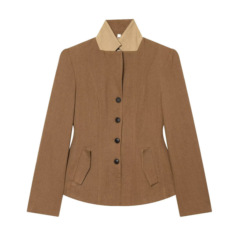 Women's Tailored Wool Riding Jacket with Stand-Up Collar and Flap Pockets Mune Fashion