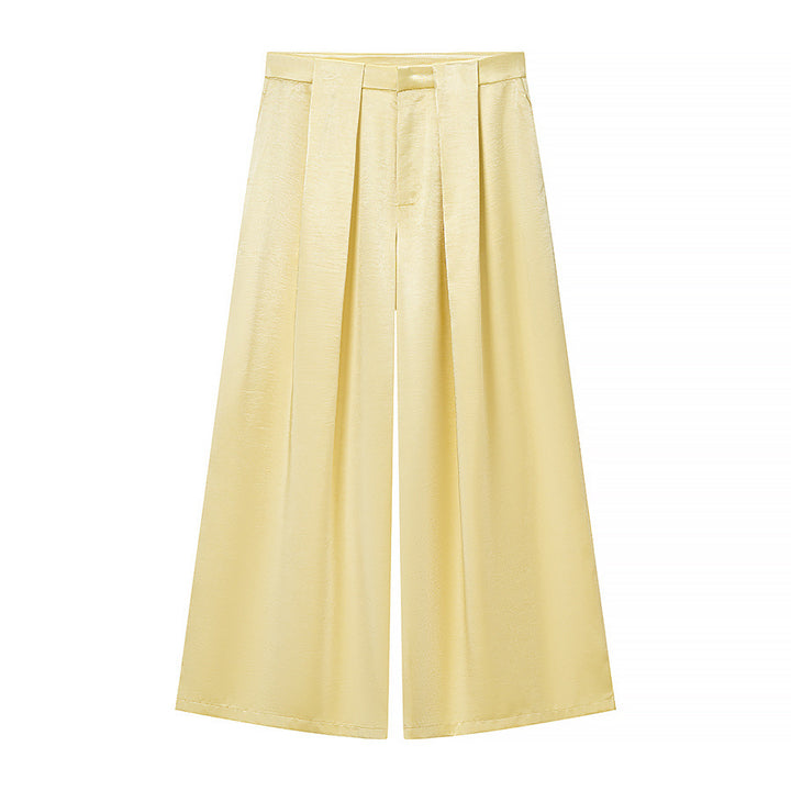 Ladies Two-Piece Satin Ensemble with Wrap Blazer and Wide Pleated Trousers Mune Fashion