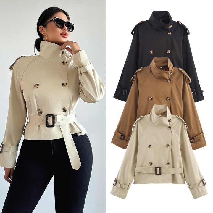 Women's Short Trench Coat with Double Breasted, Stand Collar, Epaulettes and Waist Belt Mune Fashion