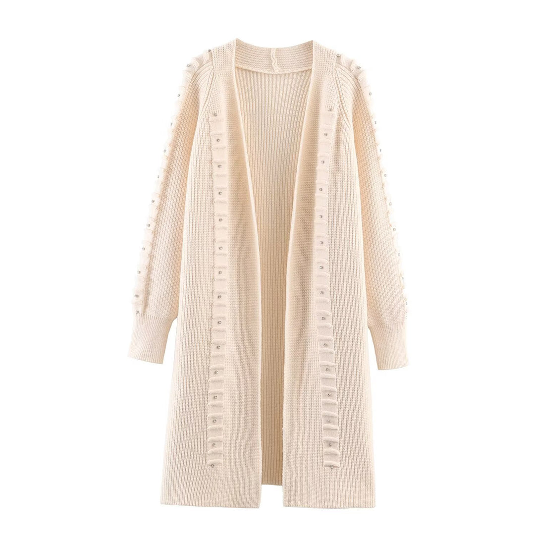 Women Longline Knit Cardigan with Bead and Ruffle Detail Open Front Mune Fashion