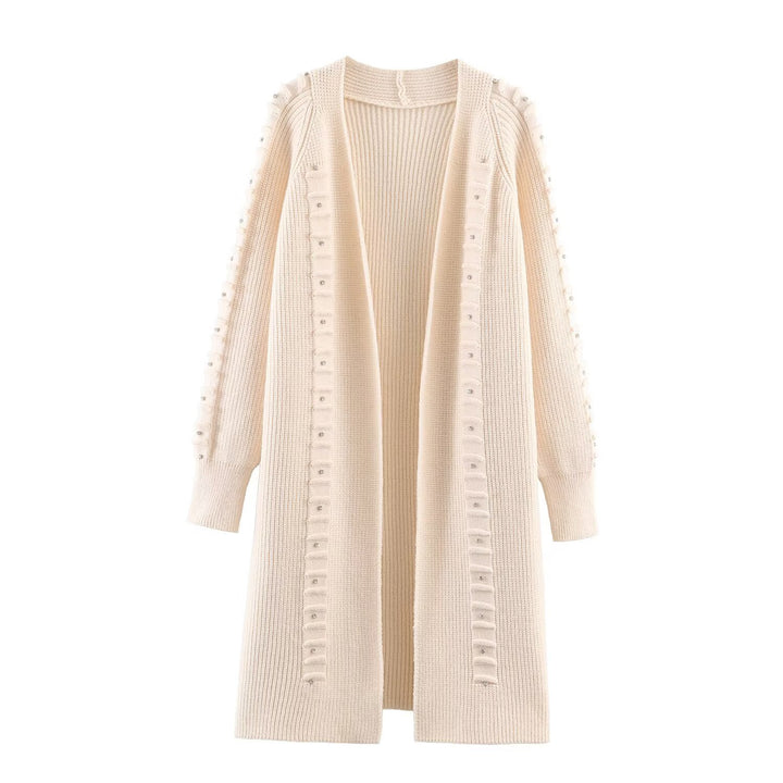 Women Longline Knit Cardigan with Bead and Ruffle Detail Open Front Mune Fashion