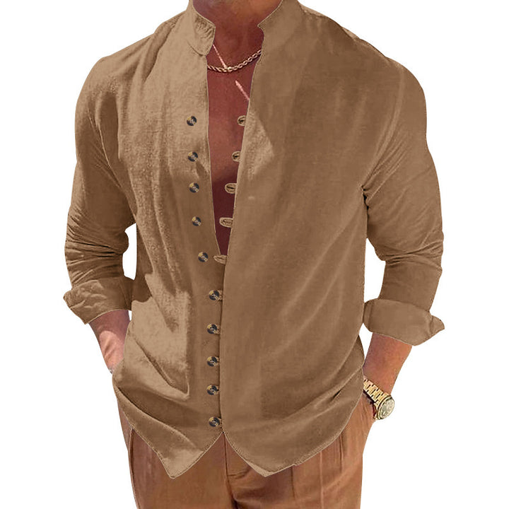 Men's long-sleeved stand-collar shirt made from a lightweight linen-viscose blend with asymmetric decorative button placket Mune Fashion