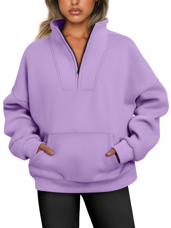 Women's oversized half-zip hoodie with high stand collar, kangaroo pocket, and ribbed cuffs Mune Fashion
