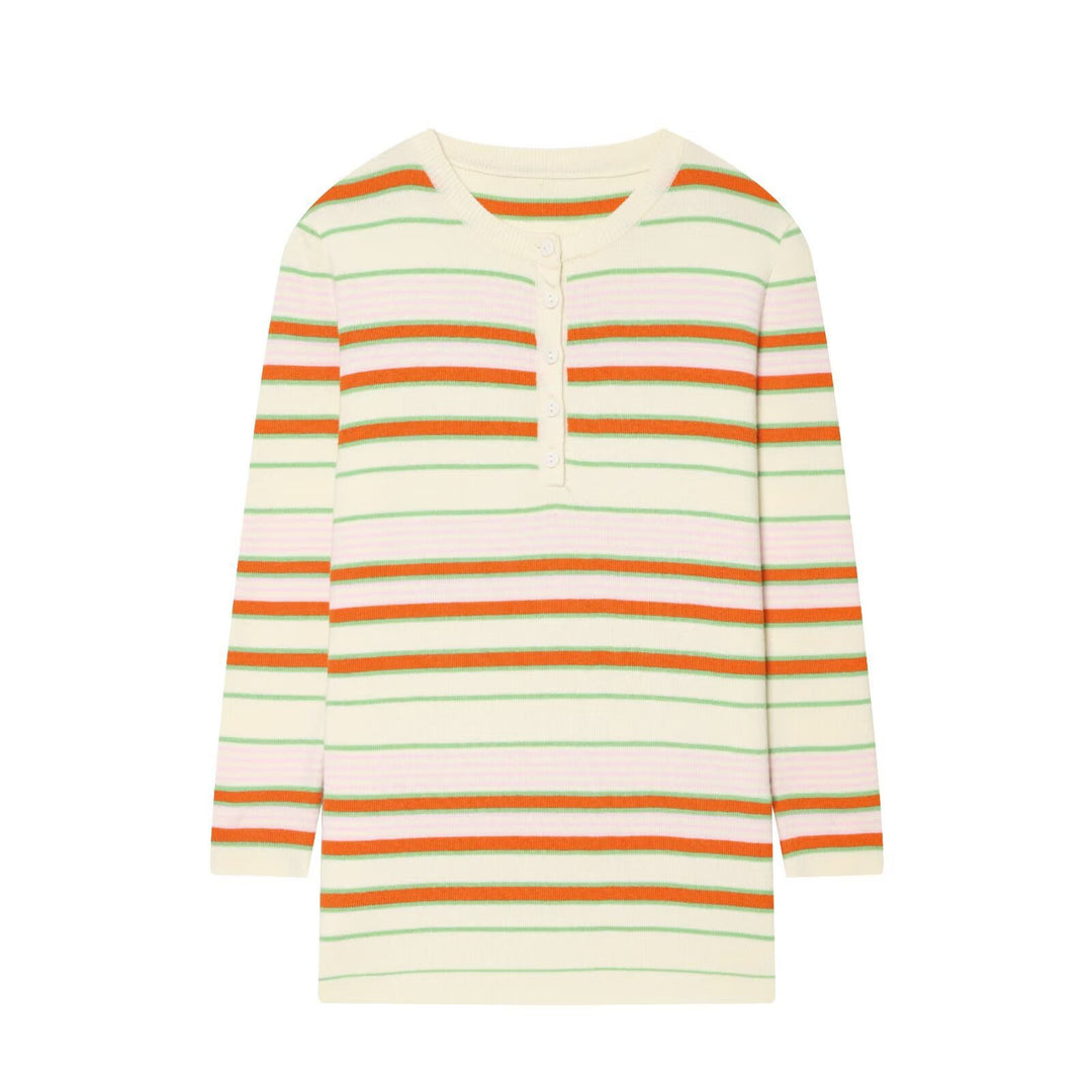 Women Striped Ribbed Henley Shirt with Button Placket and Slim Fit Mune Fashion