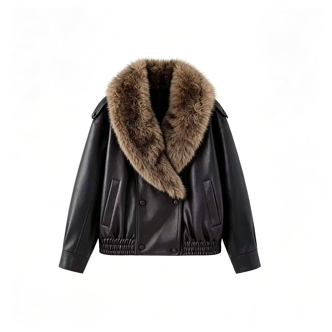 Women's Faux Leather Bomber Jacket with Large Faux Fur Collar Mune Fashion